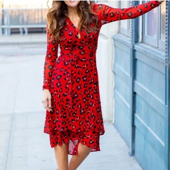 CAbi Sexy 5771 Siren Red Leopard Nylon Net Midi Wrap Dress * Ladies Size XS NEW - Picture 2 of 11